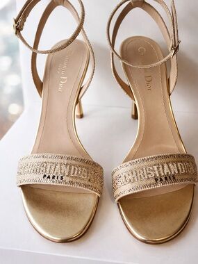Dior Metallic Gold Crystal-Embellished Ankle-Strap Heels